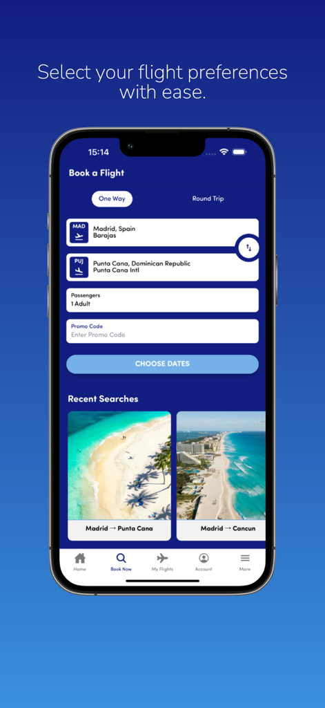 Interfaz de reserva de vuelos de la aplicación móvil World2Fly que muestra opciones de búsqueda y destinos recientes como Punta Cana y Cancún
