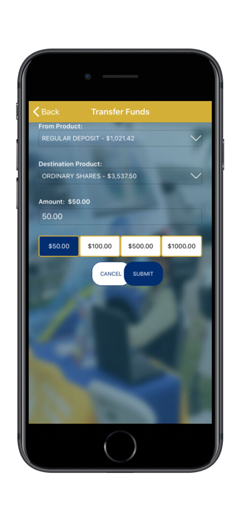 PCCU Mobile App - Screenshot of the Transfer Funds screen in the PCCU Mobile App for moving money between internal accounts.