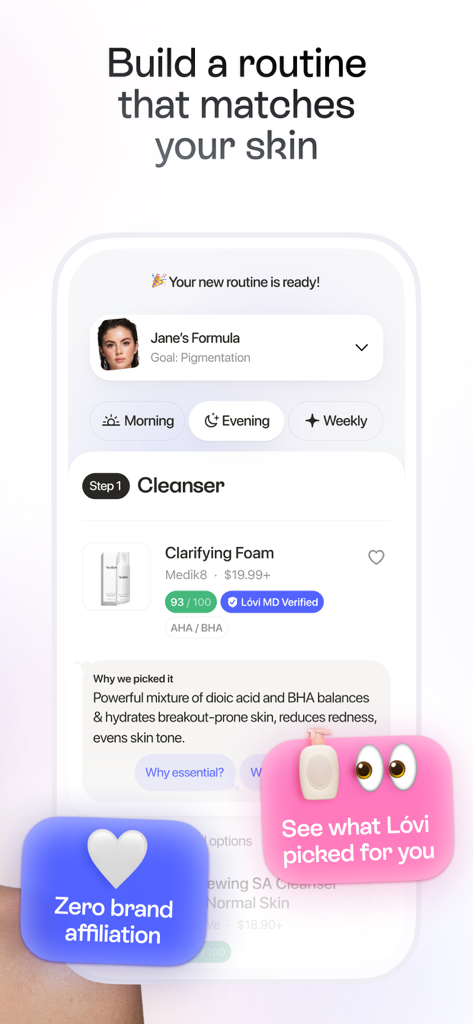 Lovi - AI Skin Care Scanner - App interface for building a personalized skincare routine with AI product recommendations