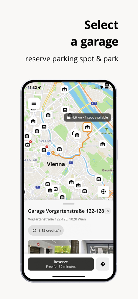 PAYUCA Smart Parking - A mobile phone screen displaying the PAYUCA app map with various parking garage locations in Vienna