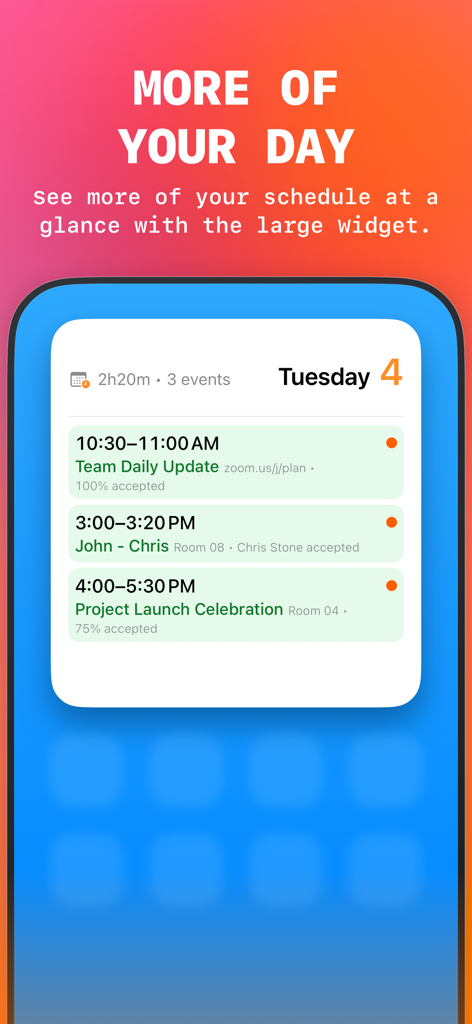 iPhone-Bildschirm mit einem großen Kalender-Widget, das drei geplante Ereignisse für den Tag anzeigt