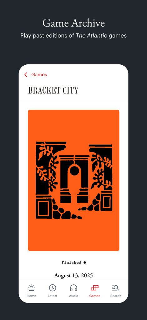 Game archive screen in the Atlantic magazine app showing past game editions