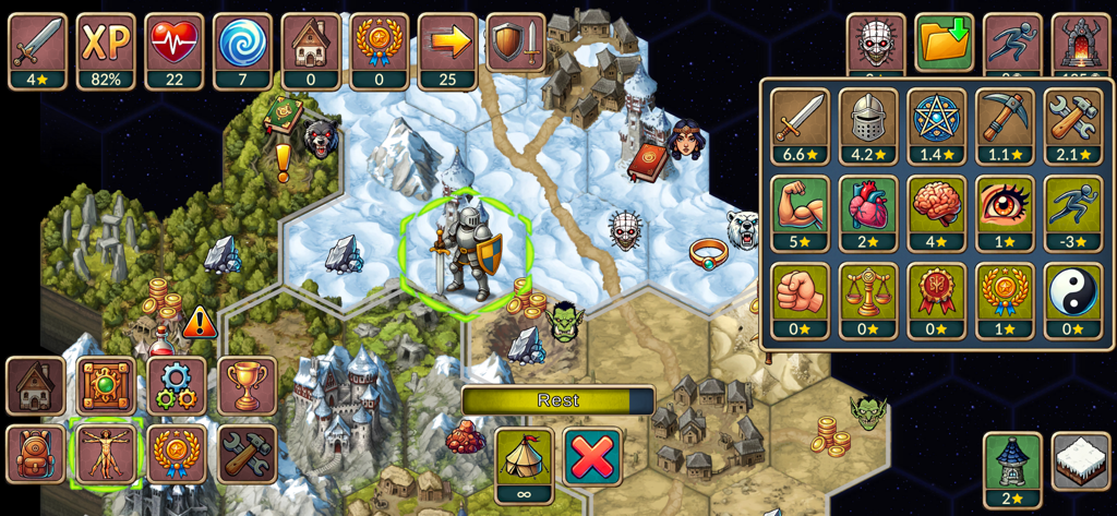 Tactical gameplay in Next Run showing a knight on a hexagonal map with character stats