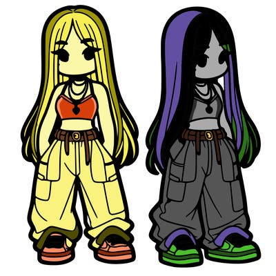 girl in baggy pants crop top and long hair