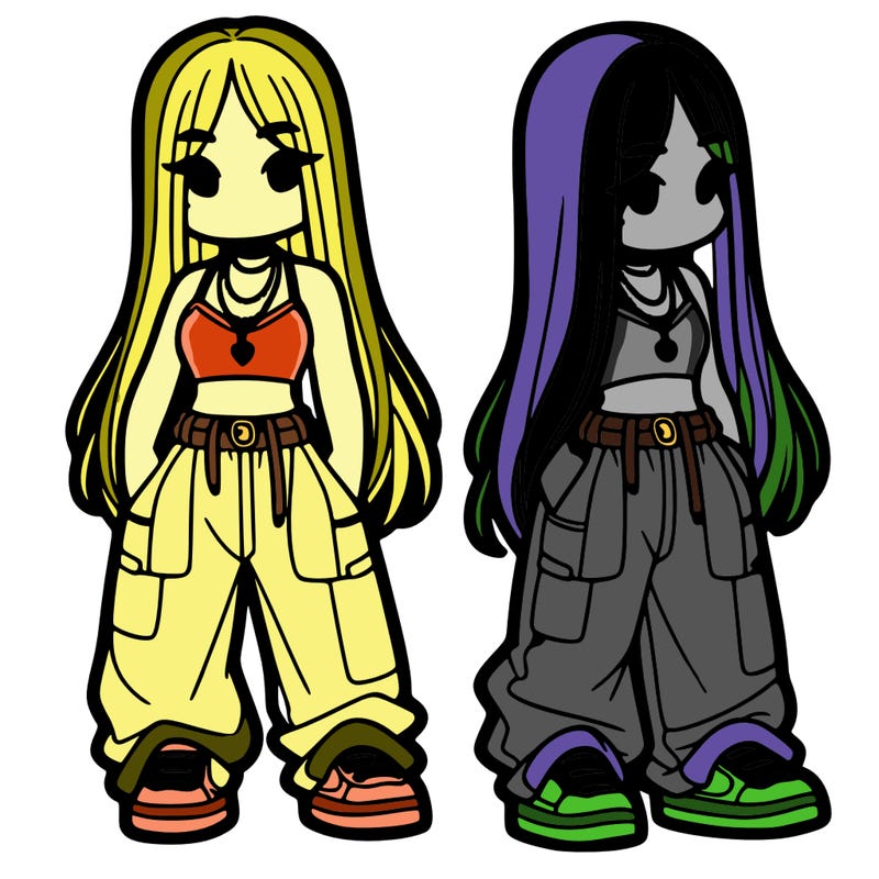 girl in baggy pants crop top and long hair