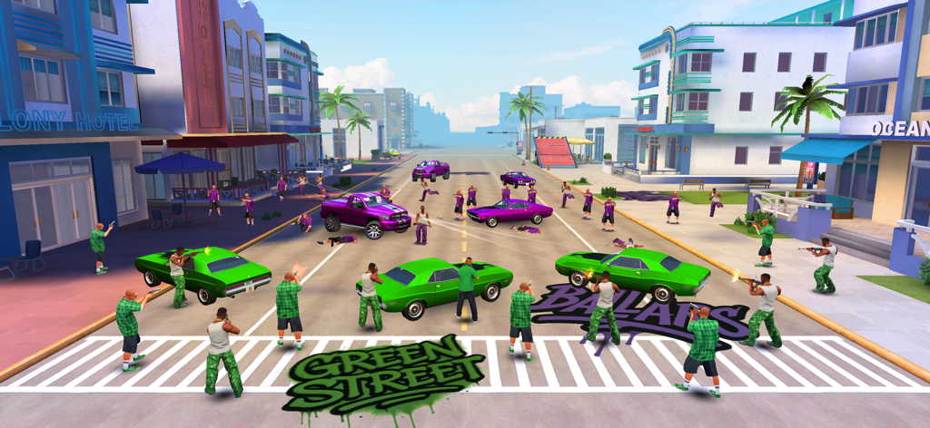 Gangs Fighter: Vice Island - A tactical gang shootout on a city street between green and purple crews in Gangs Fighter Vice Island
