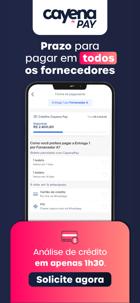 Cayena app screen showing payment options including credit card and PIX with a credit analysis feature