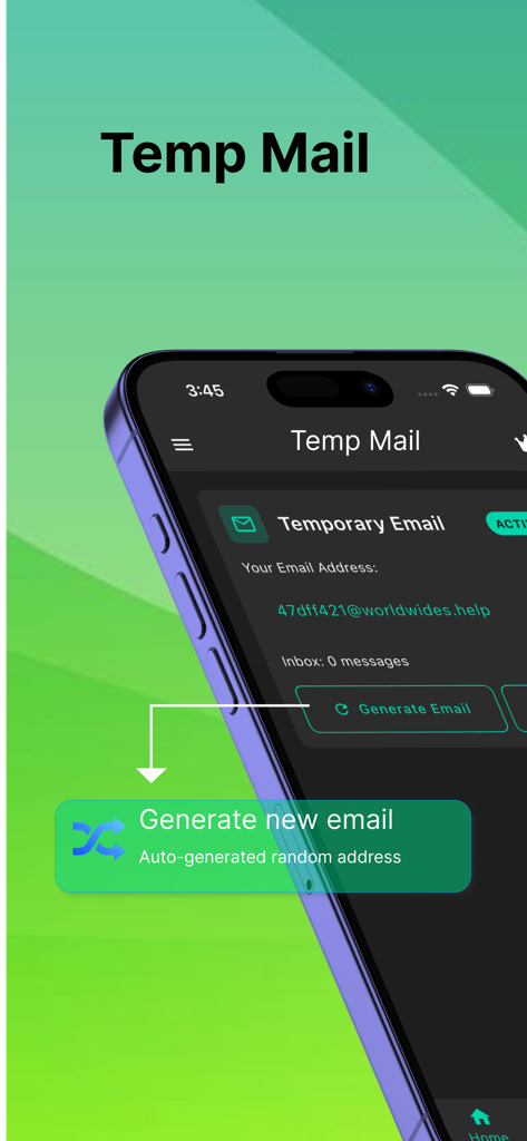 Temp Mail -Temporary Email Pro - Interfaz de la aplicación Temp Mail mostrando la función para generar una nueva dirección de correo electrónico temporal aleatoria