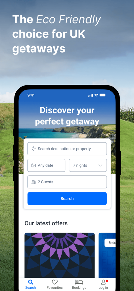 Sykes: Book Holidays You Love - Sykes mobile app home screen showing search filters for booking UK holiday cottages with an eco friendly focus.