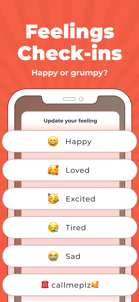 Flamme: Cozy Couples App - A mobile screen from Flamme app displaying mood check in options for couples with emojis