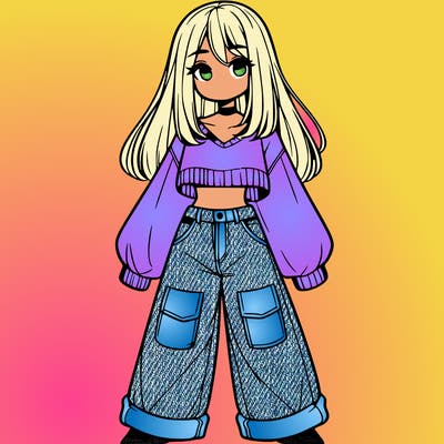 cute girl with straight hair in baggy jeans and a crop top and a sweater