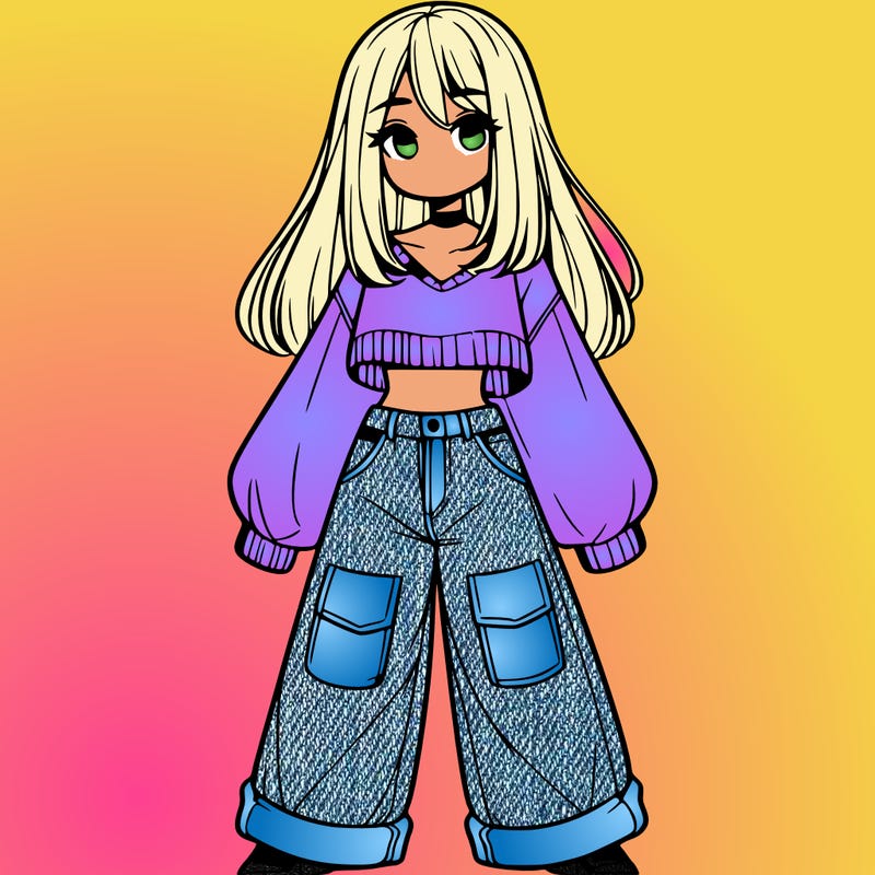 cute girl with straight hair in baggy jeans and a crop top and a sweater