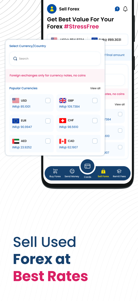 TC Pay | Payment Solutions - TC Pay app interface showing the Sell Forex feature with real-time exchange rates for USD GBP EUR and other currencies against INR