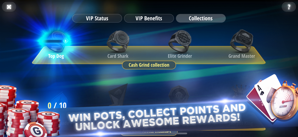 ポーカー・オマハのキャッシュグラインドコレクションのスクリーンショット。トップドッグやカードシャークのようなランクリングが表示され、ポットを獲得して報酬をアンロックするように促すコールトゥアクションがあります。