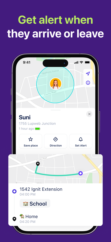 FamiGo: Parental Control App - FamiGo app interface showing real-time child location tracking and geofencing alerts on a map