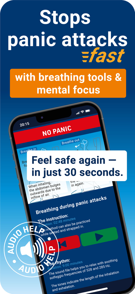 PassengerGuard: Fear of Flying - Interfaz de la aplicación PassengerGuard que muestra alivio de ataques de pánico con herramientas de respiración guiada para el miedo a volar.