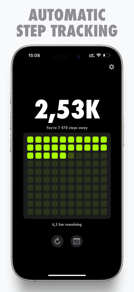 StepGrid - Step Counter - StepGrid app interface showing daily step count and a 10x10 visual progress grid.