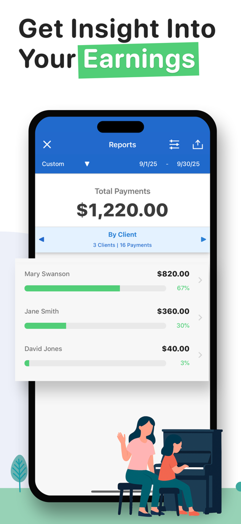 Giggy Bank - Income Tracker - Giggy Bank app interface showing earnings reports and payment breakdown by client