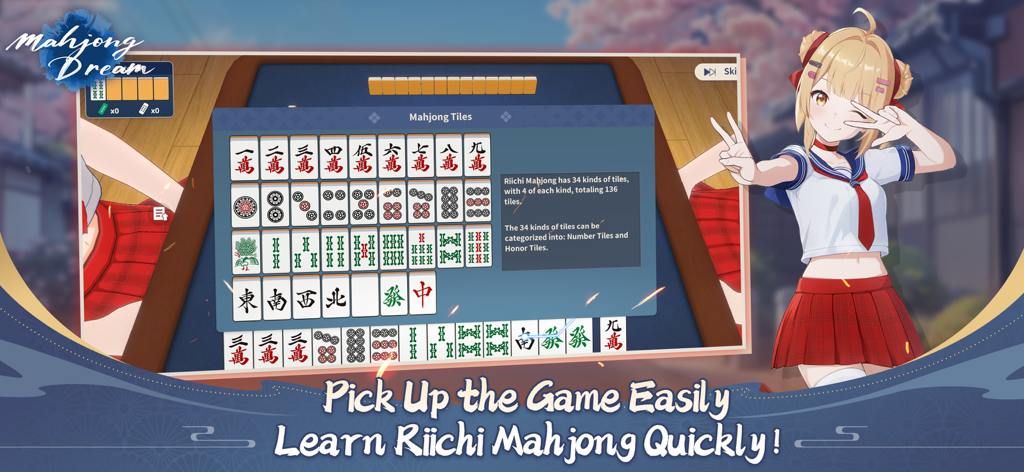 Una pantalla de tutorial que muestra fichas de Riichi Mahjong y un personaje anime en Mahjong Dream.