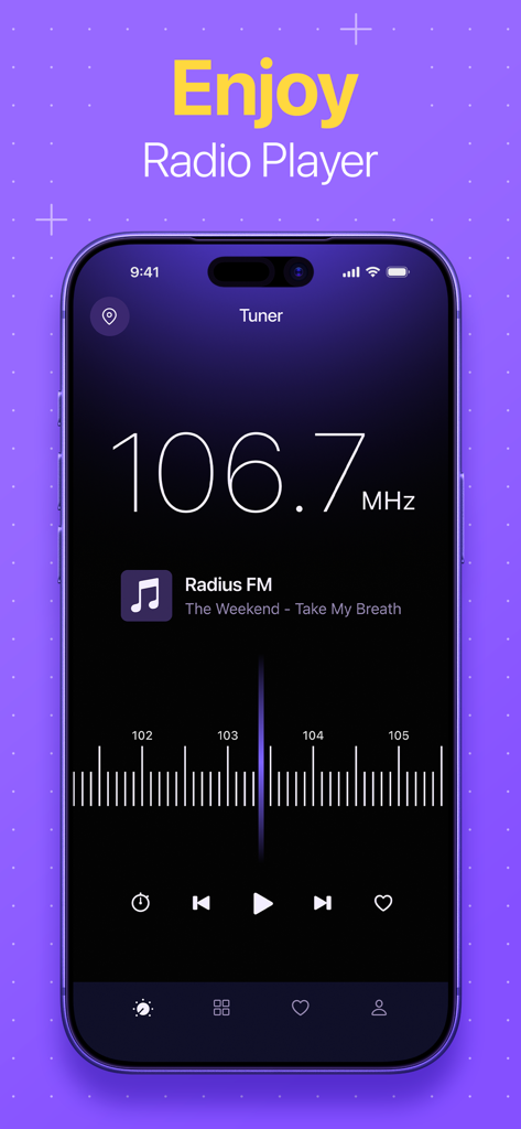 Radio: Live FM AM - Pantalla de iPhone mostrando la interfaz del sintonizador de la aplicación Radio Live FM AM reproduciendo una estación a 106.7 MHz