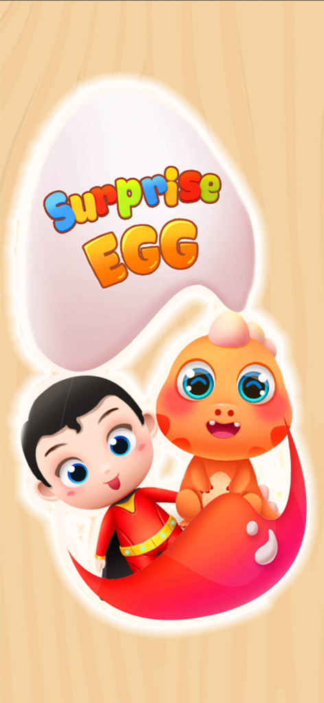 Surprise egg game screen featuring a cartoon superhero boy and a cute orange dinosaur