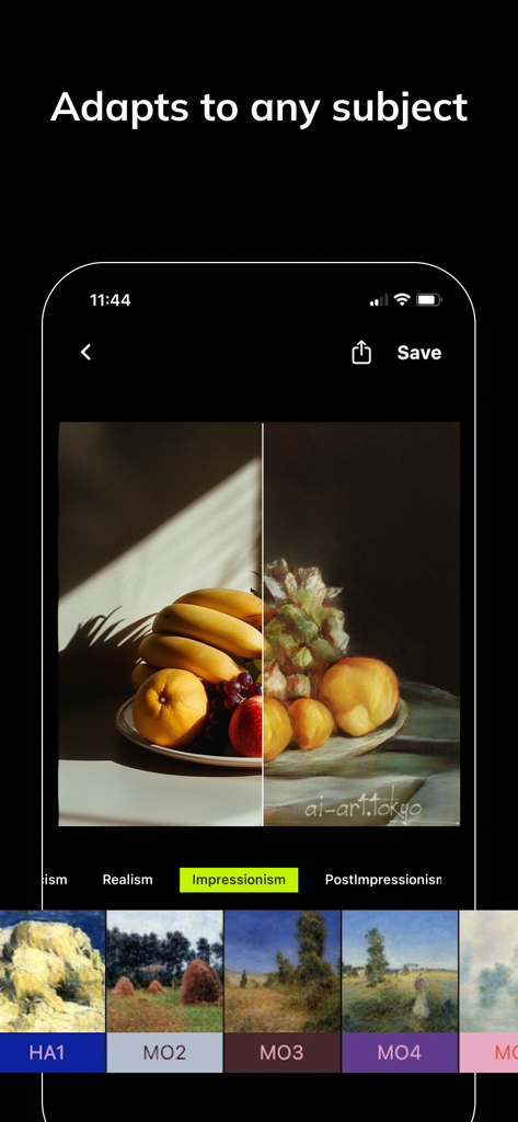 A comparison showing a still life photo of fruit transformed into an impressionist style painting using the AI Gahaku app