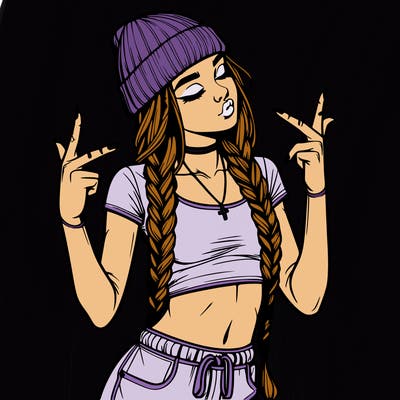 realistic teenage girl with braids and a beanie and crop top doing 🫶🏼
