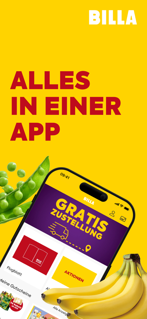 Werbe-Screenshot der BILLA App, der Lebensmittellieferungen und Coupons auf einem Smartphone-Bildschirm mit gelbem Hintergrund zeigt