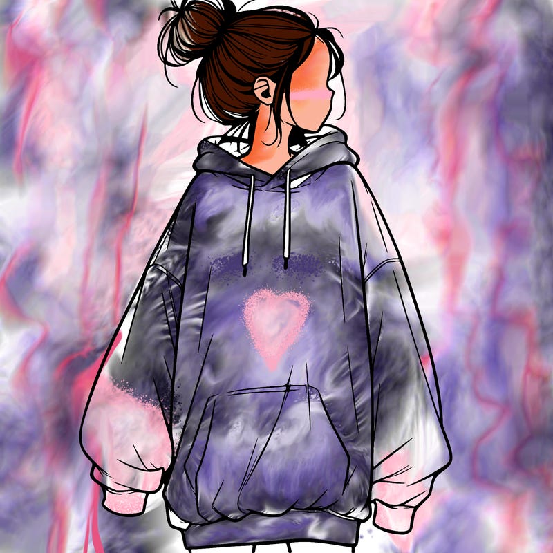 realistic girl with a oversized sweatshirt on and a bun