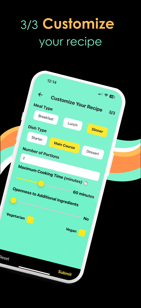 smartchef - Smartchef mobile app interface for customizing recipe filters including meal type portions and dietary preferences