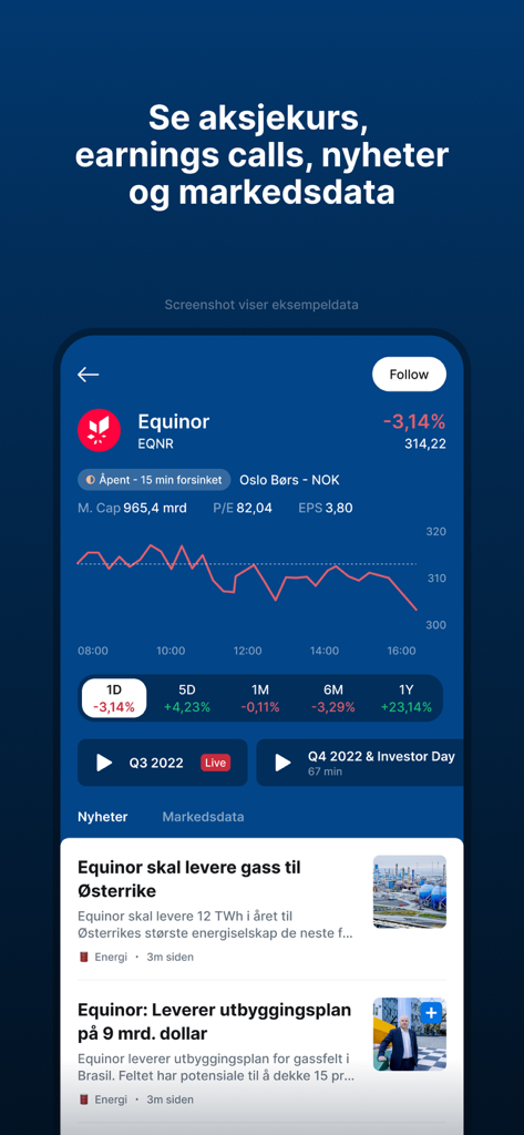Finansavisen - Finansavisen app showing Equinor stock market data and financial news