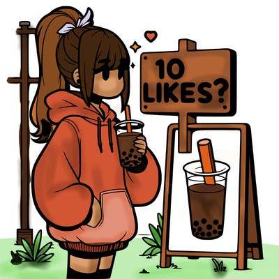 girl with oversized hoodie drinking boba and she has a high ponytail with a sign that says 10likes?