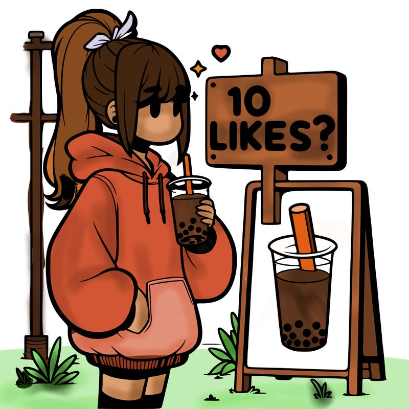 girl with oversized hoodie drinking boba and she has a high ponytail with a sign that says 10likes?