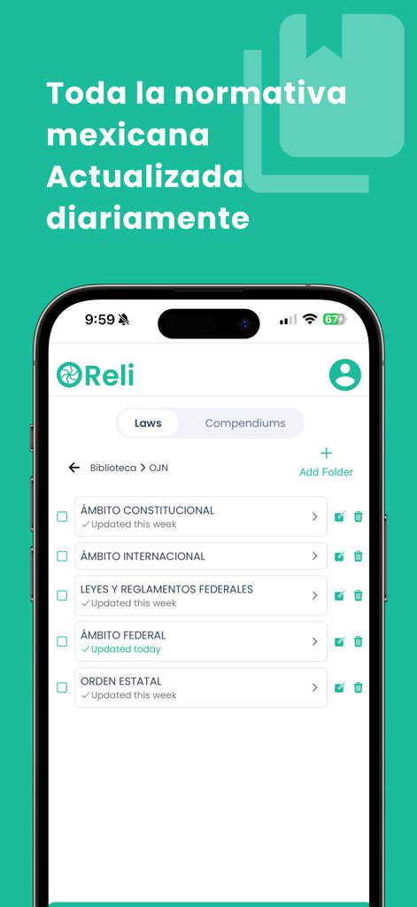 Reli - Reli app interface showing a categorized library of Mexican laws and regulations with daily update status