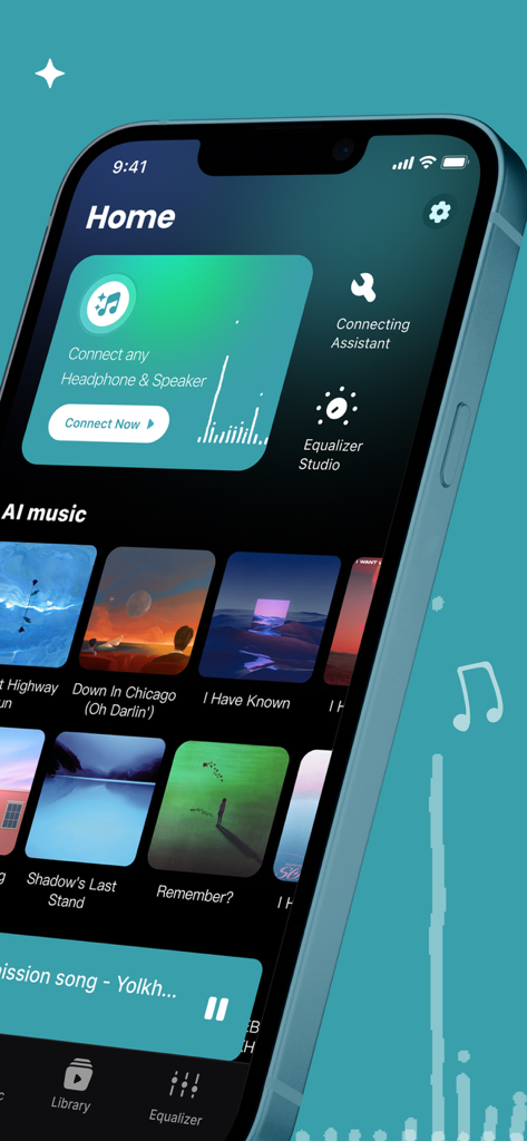 Tela inicial do aplicativo Connect Headphones and Speaker com biblioteca de música com IA e configurações de conexão de dispositivo