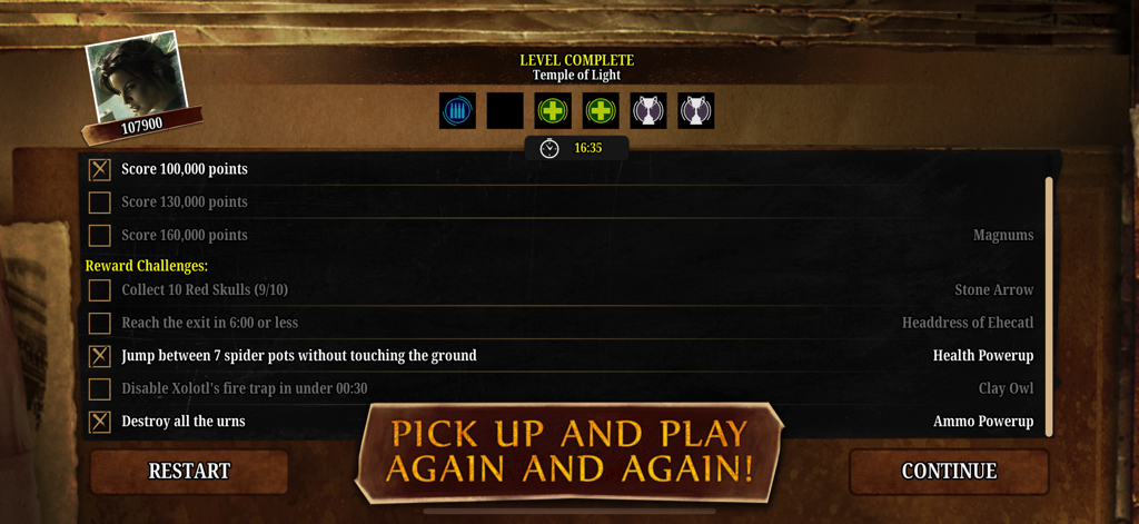 Lara Croft: Guardian of Light - Level complete screen for Lara Croft Guardian of Light showing mission scores and reward challenges