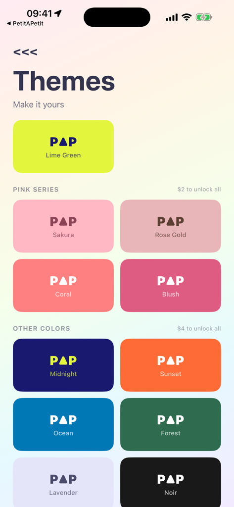 A menu showing various aesthetic color themes such as Lime Green, Sakura, and Midnight for the Petit a Petit running app.