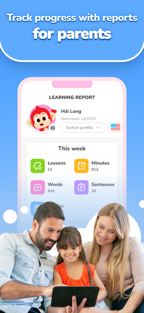 AI Speak: Fun English for kids - 家族が一緒にアプリを使用している学習レポート画面で、完了したレッスンと時間を示しています