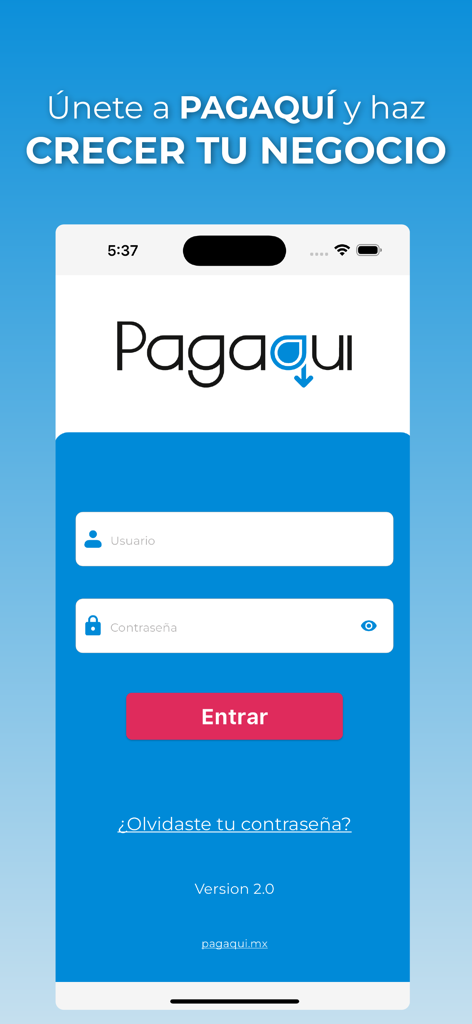 Pagaqui V2 - Login screen of the Pagaqui V2 mobile application