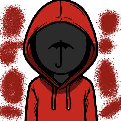 a person with non face waering a hoodie with a small umbrella symbol