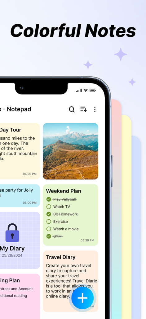 Notepad ++ - Interfaz de la aplicación Notepad plus plus con notas organizadas de colores, listas de tareas y una bóveda privada