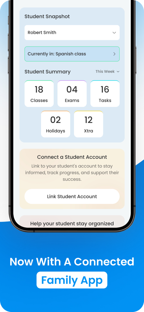 My Study Life app parent portal showing student academic summary