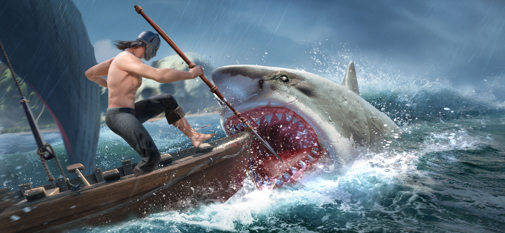 Un hombre en un barco de madera luchando contra un tiburón blanco gigante con una lanza en Guns of Glory Lost Island