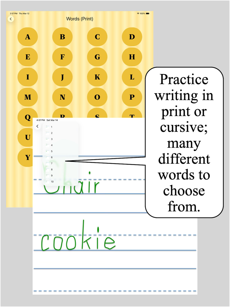 doodle write - Doodle write app screenshot showing alphabet selection and word writing practice for children