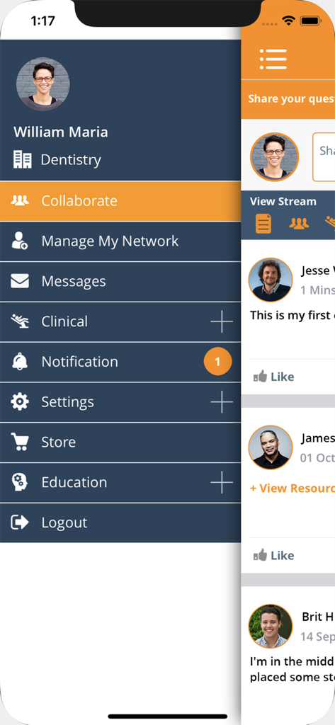 SmileStream: Dentistry - Menú de navegación de la aplicación SmileStream que muestra herramientas clínicas de colaboración y funciones educativas para profesionales dentales