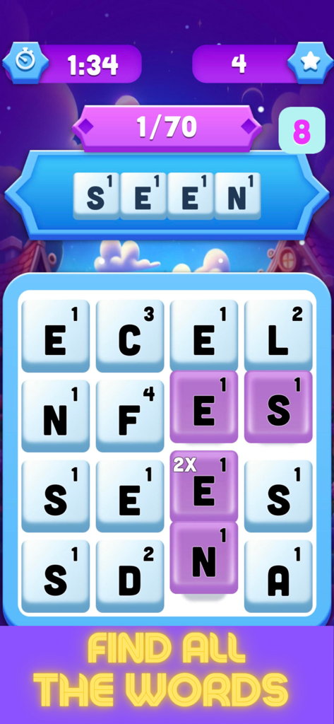 Interface of Real Cash Word Search game showing a letter grid and countdown timer.