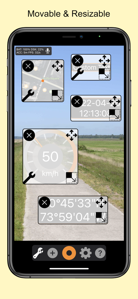 실시간 도로 녹화 위에 속도, 지도, GPS 좌표와 같은 이동 및 크기 조절 가능한 텔레메트리 위젯을 보여주는 대시캠 앱 인터페이스