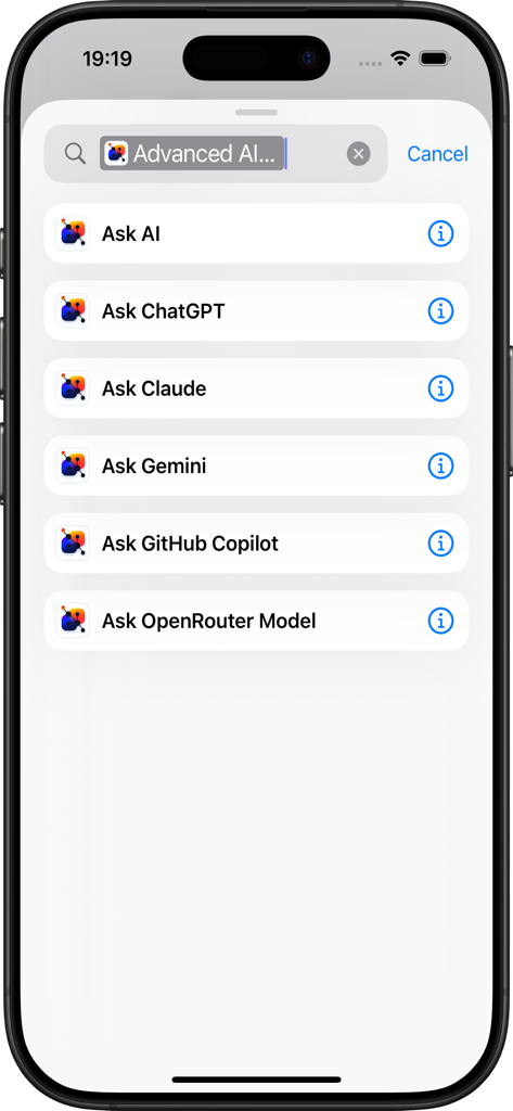 Advanced AI Actions - A list of AI actions in the iOS Shortcuts app including Ask ChatGPT, Claude, and Gemini