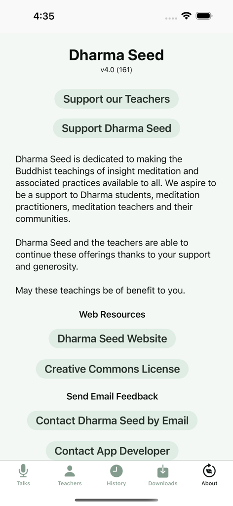 Dharma Seed - The About screen of the Dharma Seed app displaying its mission statement, teacher support buttons, and web resources.