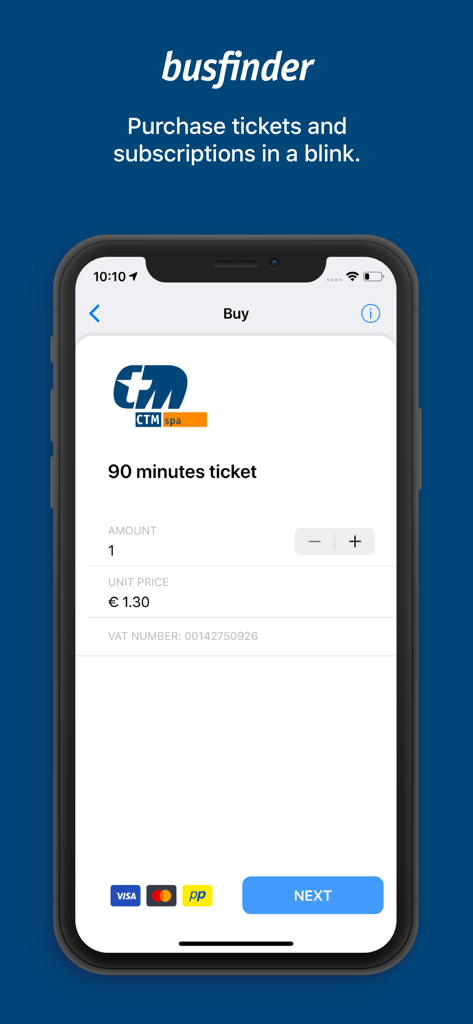 CTM BusFinder - Interface of the CTM BusFinder app for purchasing a 90 minute bus ticket in Cagliari